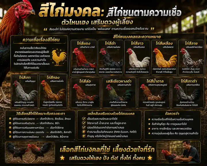 สีไก่มงคล: สีไก่ชนตามความเชื่อ ตัวไหนเฮง เสริมดวงผู้เลี้ยง