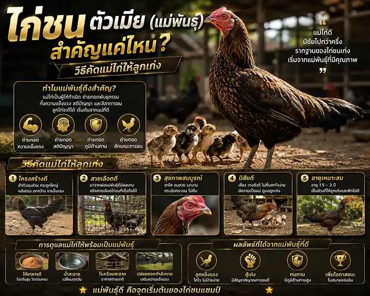 ไก่ชนตัวเมีย (แม่พันธุ์) สำคัญแค่ไหน? วิธีคัดแม่ไก่ให้ลูกเก่ง